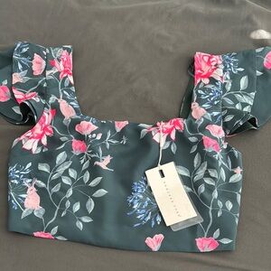 Endless Rose Green Ruffled Crop Blouse Cap Sleeves